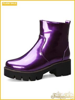 Chunky Mid Heel Patent Leather Ankle Boots Side Zipper Dressy Booties